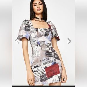 NWT Jaded London Newspaper Print Milkmaid Dress Puffy Sleeves Fitted size 4